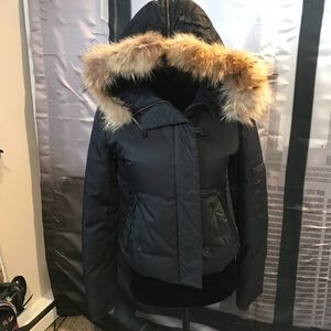 DKNY Women’s black bomber jacket with fur hood